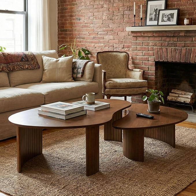 Mid Century Modern Walnut Coffee Table 47.25 Inch for Living Room, Sturdy Wood Center Table with Irregular Mango Top and Fluted Legs for Small Apartment