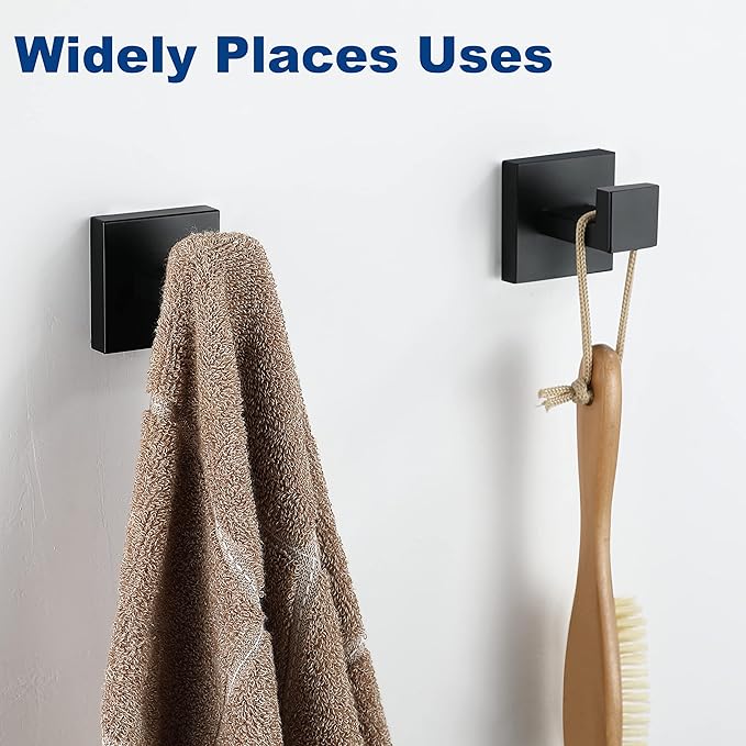 Towel Hooks for Bathrooms, Matte Black Towel Hook for Kitchen Bathroom, SUS304 Stainless Steel Coat Hook, Square Heavy Duty Holder Robe Hooks for Hanging Towels, Coats, sponges, Wall Mount, 4 Pack