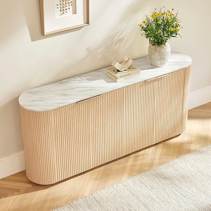 CHITA 70" Sideboard Buffet Cabinet with Storage, Fluted Cabinet with Doors and Adjustable Shelves, Natural Oak - Faux Marble