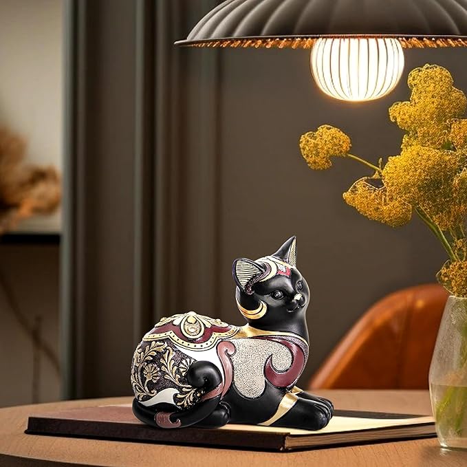 Black Cat Statue for Home Decor, Cat Figurines Room Decoration for Bookshelf Office Table, Vintage Matt Small Cat Sculpture Gift for Cat Lovers, Woman Mom Retro Cats Animal