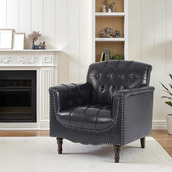Faux Leather Accent Chair, PU Leather Modern Comfy Upholstered Armchair with Wood Legs & Nailhead Trim for Living Room, Bedroom (Black Blue,Set of 2)
