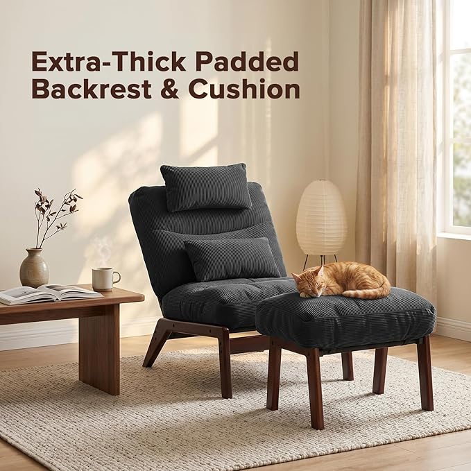 GEMBED Accent Chair with Ottoman Adjustable Backrest, Comfy Lounge Chair Single Sofa with Headrest Lumbar Pillow, Reading Chair with Footrest for Bedroom, Living Room, Dark Grey