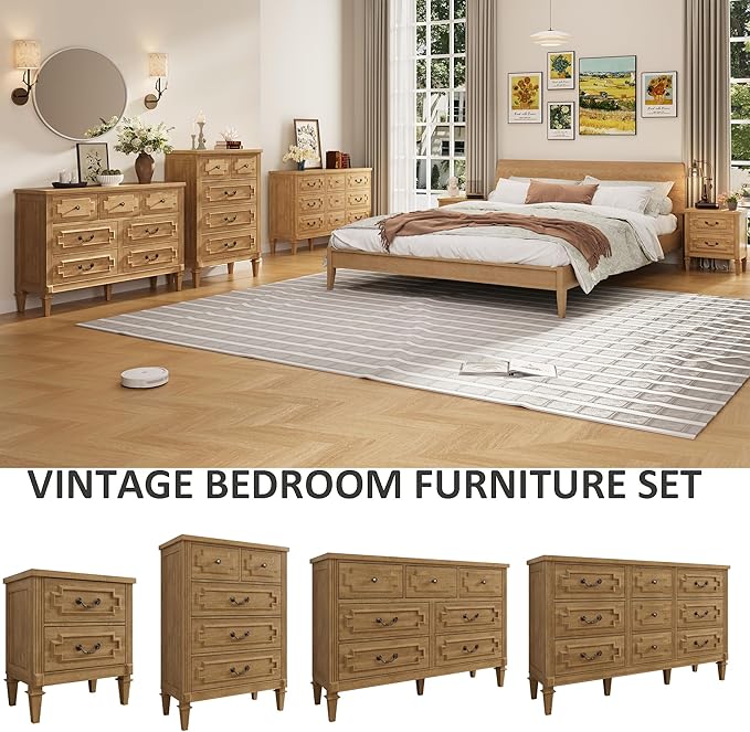7 Drawer Dresser for Bedroom, 36" Tall Dresser & Chest of Drawers wtih Vintage Surface, Closet Storage Cabinet for Living Room, Hallway, Natural Oak