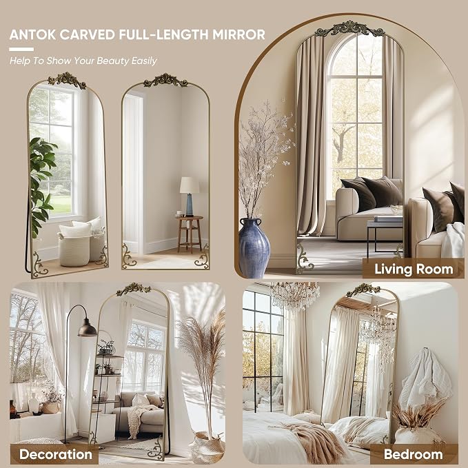 Antok Arched Full Length Mirror, 71"x28" Floor Mirror with Carved, Full Body Mirrors for HomeDecor, Standing/Halling Large Wall Mirror for Bedroom, Living Room, Cloakroom, Bronze, Luxury Style