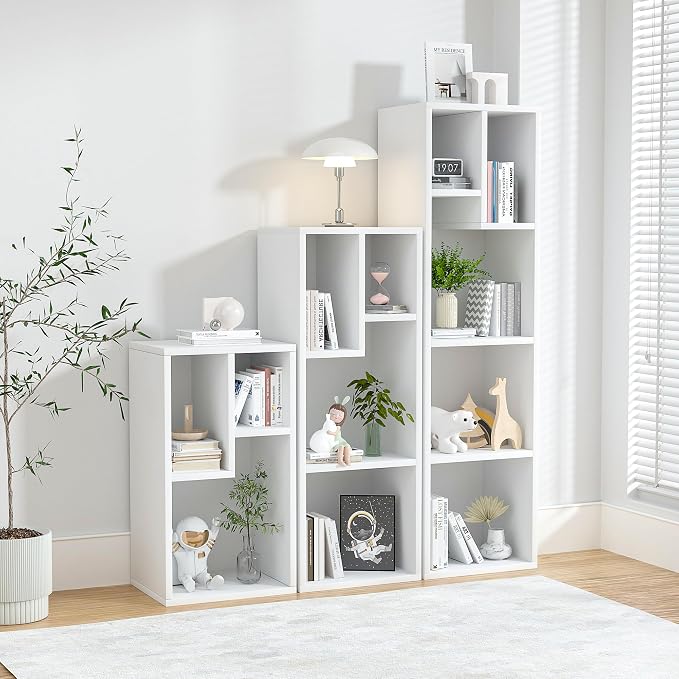 VECELO 4-Tier Bookcase, Modern Storage Cabinet with Height Difference Shelves for Standard Textbooks, 5 Cubes, Vertical or Horizontal, Easy Assembly, Pearl White