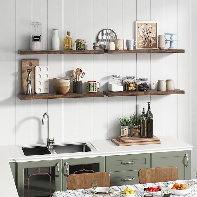 Reclaimed Elm Wood Floating Shelves for Wall, Flat Edge 24"W x 9.2"D x 1.4"H, Set of 2 with Invisible Bracket, Wall Mounted Shelves for Living Room Bedroom Kitchen Bathroom Decor, Walnut Finish