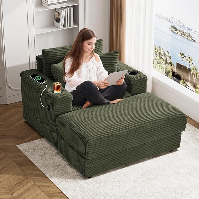 Oversized Chaise Lounge Chair Indoor with Adjustable Backrest, USB, Cup Holder & Ottoman, Firm Solid Wood Frame with Long Service Life Corduroy Oversized Lounge Reading Chair for Study Room - Green