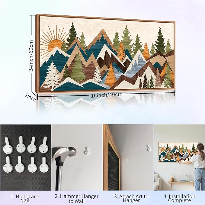 Tinonedraw Large Mountain Framed Canvas Wall Art, Boho Rustic Sunrise Forest Wall Decor, Vintage Woodsy Nature Art Painting, Modern Wilderness Trees Art Print for Living Room Bedroom Office 20"x40"