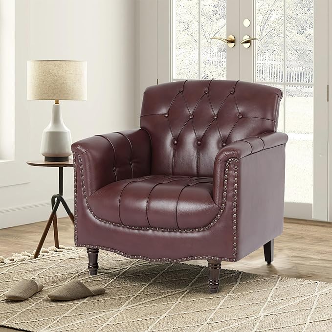 Faux Leather Accent Chair, PU Leather Modern Comfy Upholstered Armchair with Wood Legs & Nailhead Trim for Living Room, Bedroom (Red,Set of 2)