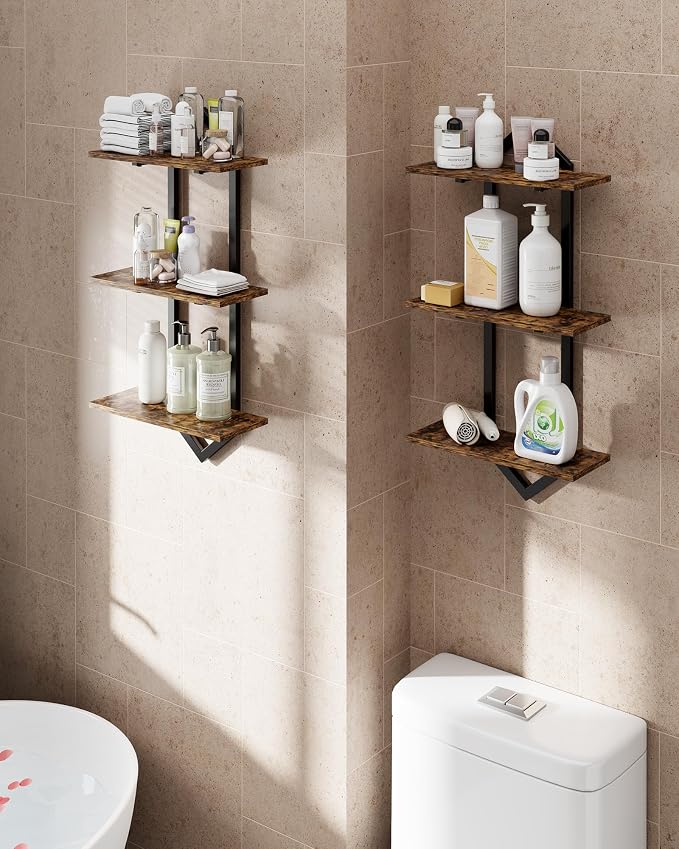 3 Tier Floating Shelves, Set of 2 Wall Shelves for Living Room, Modern Geometric Wooden Shelf for Wall Decor, Hanging Storage Shelf for Bedroom Bathroom Kitchen Home Office (Rustic Brown)