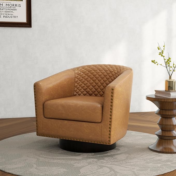 Swivel Barrel Accent Chair, Comfy Modern Upholstered Round Faux Leather Arm Chair for Living Room, Bedroom(Coffee, Set of 2
