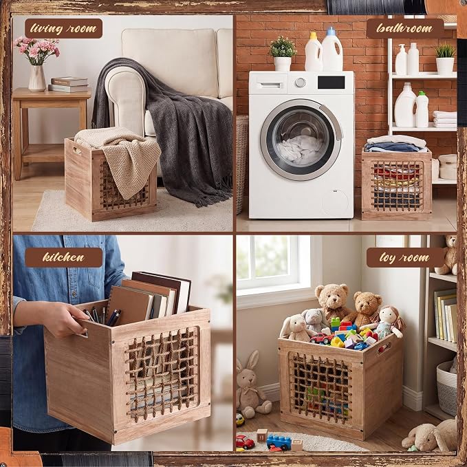 Geelin 2 Pack Stackable Wood Storage Bins with Handles 11 Inch 22l Cube Vinyl Record Storage Box Decorative Vintage Farmhouse Wood Rope Crate Basket Containers Organizing Bins for Toy Books Office