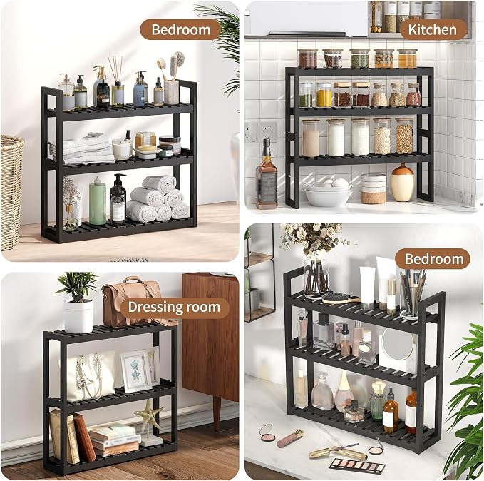 Bathroom Shelf Bamboo Organizer Rack Adjustable 3-Tier Storage Shelf Wall Mounted Storage Rack Over The Toilet Utility Shelves Living Room Kitchen Shelf(Black)