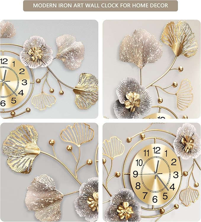 Clocks for Living Room, Large Wall Clock, 3D Silent Wall Clock, Retro Metal Ginkgo Leaf Design, for Bedroom Kitchen Decorative Wall Clocks(35''x20'' )