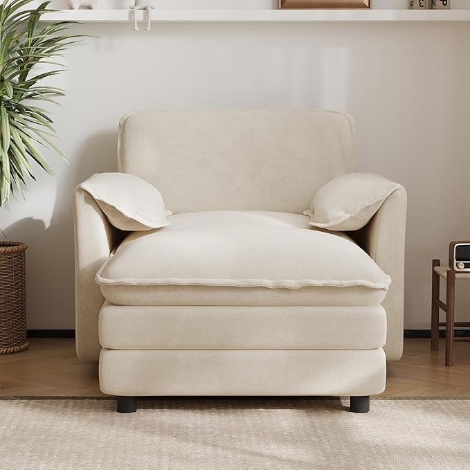 Oversized Chaise Lounge Chair Indoor with Ottoman, Firm Solid Wood Frame with Long Service Life Chenille Oversized Lounge Reading Chair for Study Room - Beige White