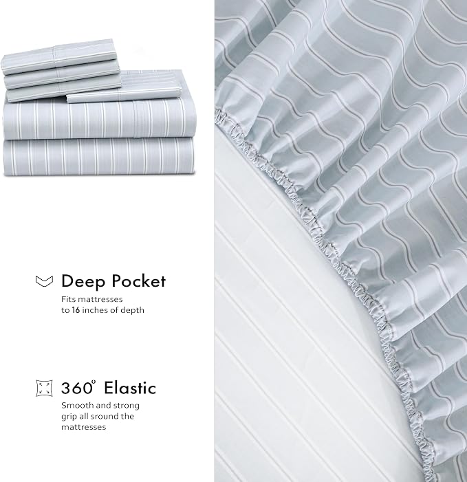 RUVANTI 100% Cotton Percale Sheets Split King Size 7 Piece Set, Cooling Bed Sheets for Hot Sleepers, Deep Pocket 16”, Breathable Lightweight & Durable, Crisp Hotel Style Sheets, Horizon Stripes