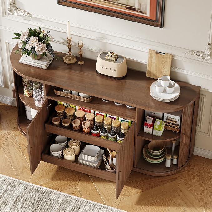 63" Sideboard Buffet Cabinet with Storage, Modern Fluted Accent Credenza with Sliding Doors, Drawers and Adjustable Shelves, Wood Coffee Bar Console Table for Kitchen, Living Room, Enrtyway (Walnut)
