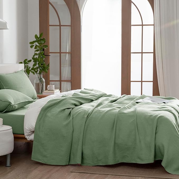EVERLY Linen Sheets Set King Size,100% French Stonewash Pure Linen Sheets Set,4Pieces (1Flat Sheet,1Fitted Sheet,2Pillowcase) Suitable for Hot Sleepers,Deep Pocket Natural Bedding Set-Saga Green-King
