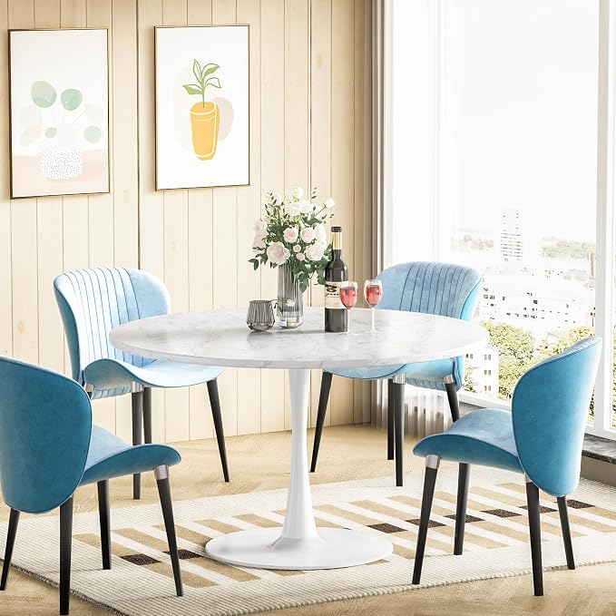 DKLGG White Marble Round Dining Table, 31.5" Tulip Kitchen Dining Table 2-4 People with MDF Top & Pedestal Base, Mid-Century End Table Leisure Coffee Office Living Room Table