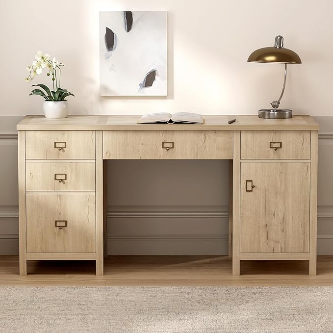 EYYTHUNG Modern Executive Desk with File Drawers Cabinet,59" Computer Desk with Charging Station, Keyboard Tray, Large Home Office Desk, Farmhouse Wood Desk for Study, Writing, Light Oak