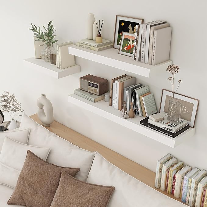 48 Inch White Floating Shelf | 12 Inch Deep Floating Shelves Set of 1 | 48" D x 12" D Rustic Wood Shelves for Wall | Deep White Shelves for Living Room Bathroom Laundry Room Kitchen