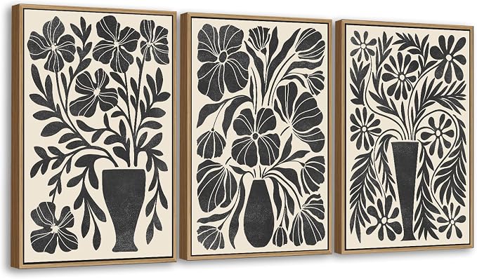 arteWOODS Botanical Framed Wall Art - Neutral Abstract Pictures Vintage Boho Floral Wall Decor Black Beige Minimalist Prints Aesthetic Vase Flowers Painting Artwork 24" x 36" Set of 3 Natural Framed