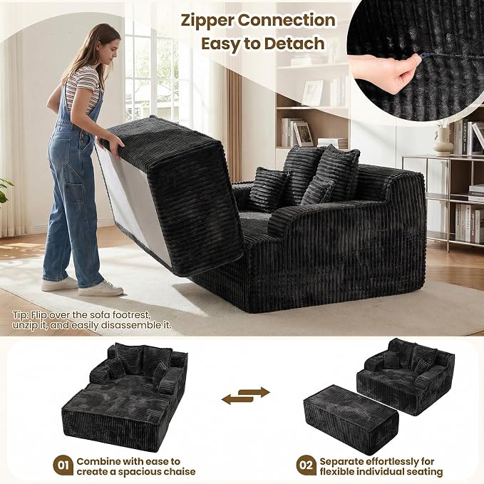Chaise Lounge Chair Indoor,Boneless Chair with Ottoman,Comfy Reading Chair for Adults,Small Sofa Bed Couch for Living Room,Double Size,Black