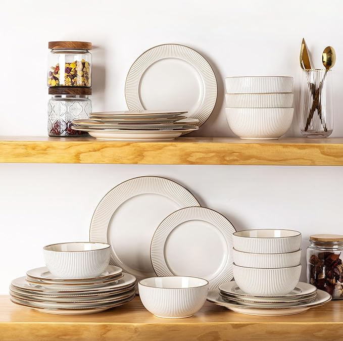 GBHOME Ceramic Dinnerware Sets, 32 pcs Embossed Elegant Stoneware Plates and Bowls Sets, Housewarming Wedding Gift | Dishwasher & Microwave Safe | Dishes Set Service for 12