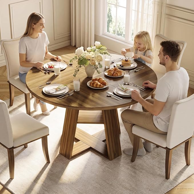 47.2" Round Dining Table for 4-6, Circle Kitchen Table with Open Storage Shelf, Farmhouse Dinner Table with Cross Pedestal Base for Dining Room, Kitchen, Living Room, Walnut