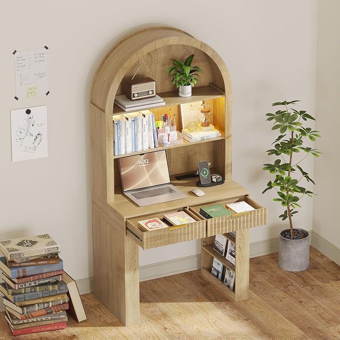 Arched Writing Desk with Hutch, Home Office Desk with 2 Fluted Drawers, Secretary Desk with Outlets, LED Lights, Bookshelves, Wood Computer Desk for Small Space, Bedroom 35.4"W x 70.8"H (Oak)