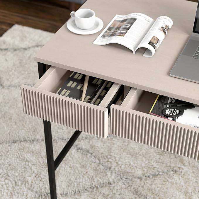 Henn&Hart 48" Fluted Mid-Century Modern Rectangular Wooden Home Office Desk Computer Desk Writing Table with 3 Ribbed Storage Drawers for Bedroom, Living Room, or Home Office, Beech White