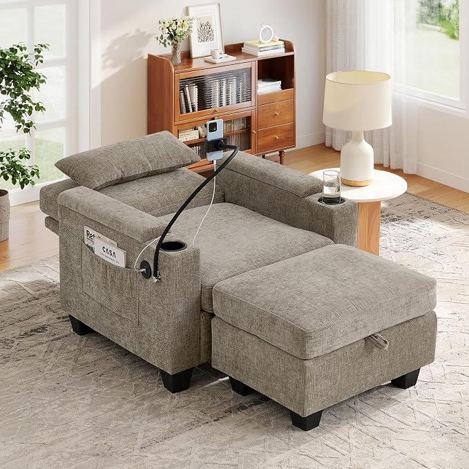 Small Chaise Lounge Chair Indoor with Ottoman&Adjustable Backrest,Chenille Tufted Recliner Comfy Sofa Chair with USB,Phone Holder&Storage Arms,Convertible Sleeper Couch Bed for Living Room(37"W,Brown)