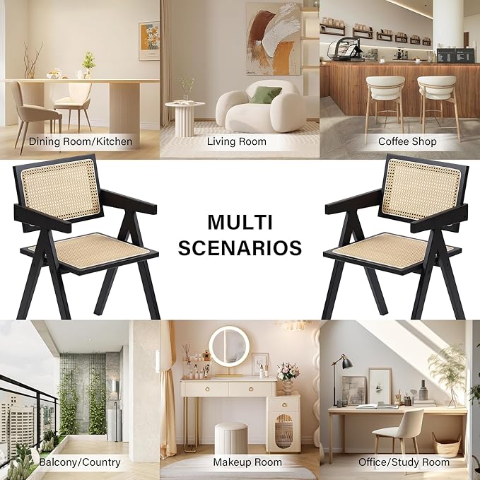Furlide Rattan Dining Chairs Set of 2, Modern Mid Century Dining Chairs with Arms, Outdoor Bamboo Chairs for Bedroom, Living Room, Reading Room, Black
