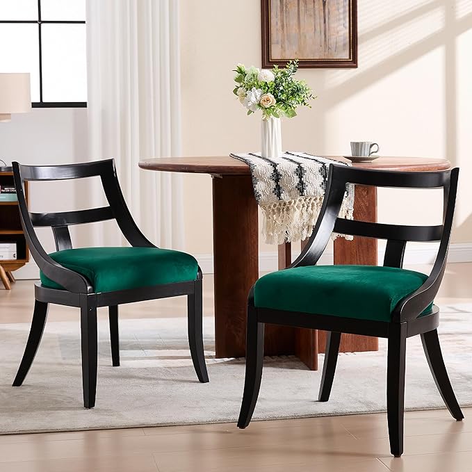 Modern Farmhouse Dining Chairs Set of 2 Mid Century Upholstered Dining Chair with Wooden Curved Back Kitchen Chairs for Dining Room Restaurant Cafe, Black-Velvet Green