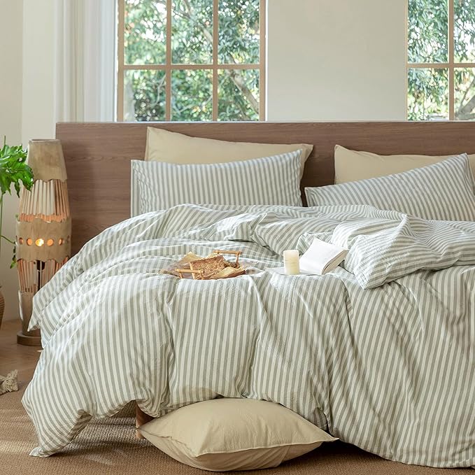 MooMee Striped Duvet Cover Set 100% Washed Cotton Linen Like Textured Breathable Durable Soft Comfy (Sage Green White Classic Stripes, Queen 90"x90")