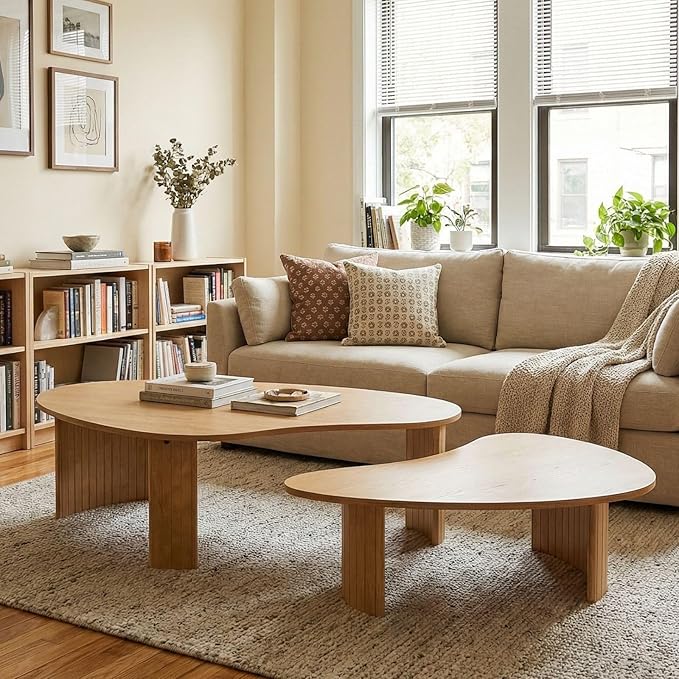 35.5 Inch Modern Wood Small Coffee Table for Small Spaces, Natural Boho Center Table with Irregular Mango Top and Fluted Legs for Living Room, Apartment