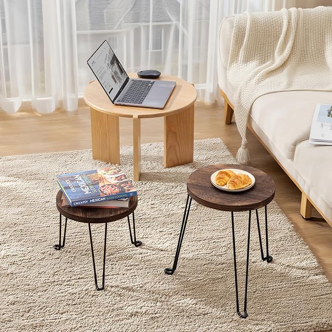 Yangbaga Wooden Plant Stands Indoor: 2Pack 11.81IN Round Plant Stands with Metal Legs,Mid Century Plant Holder for Home Decor,Multi-purpose Plant Table for Living Room/Patio/Garden/Balcony/Office