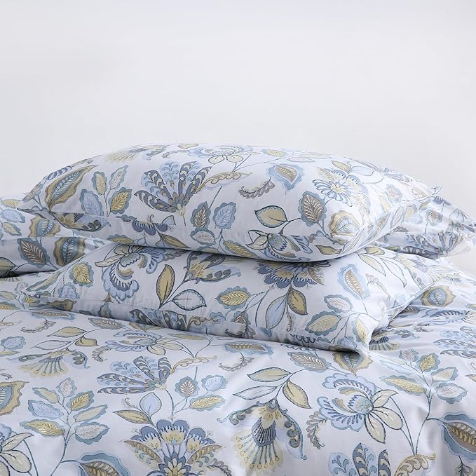 Blue Floral Duvet Cover Queen Size 100% Cotton Botanical Coquette Comforter Cover 3 Pieces Soft & Breathable French Style Duvet Cover with Zipper Closure