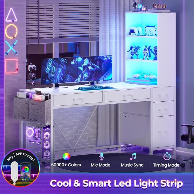 SEDETA Computer Desk with 5 Drawers and Bookshelf, Reversible Home Office Desk with Storage Shelves and File Drawer, Gaming Desk with LED Lights for Small Spaces, White