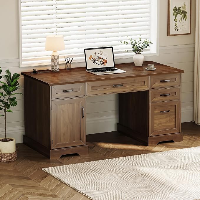 OffiGo 59 Inch Farmhouse Desk with Drawers, Executive Computer Desk with Charging Station, Wood File Cabinet Storage for Home Office, Walnut