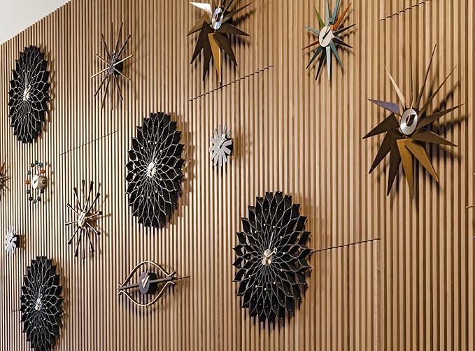 SHISEDECO Modern Sunburst Clock in Black Color, Non Ticking Wooden Mid Century Retro Design Decorative Silent Wall Quartz Clocks for Home, Living Room, Office and Bedroom etc.