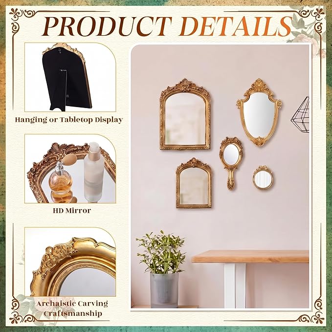 5 Pcs Vintage Gold Mirror Luxury Set Small Gold Mirrors Gallery Wall Mirror Hanging Antique Art Decor for Wall Living Room Entryway Assorted Sizes (13in/8in/7in/4in,Classic Style)