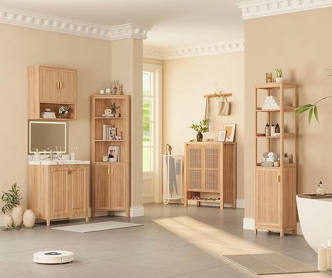 68'' Tall Narrow Storage Cabinet with Adjustable Shelf and Door, Bathroom Storage Cabinet, Space Saver for Bathroom, Kitchen, Living Room, Natural Oak