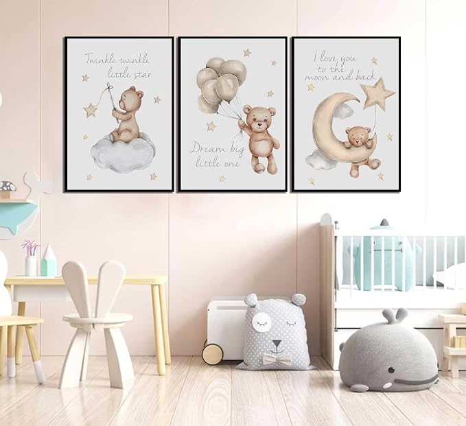 MTLXSBLT 3Pcs Nursery Teddy Bear Wall Art Cute Little Bears Wall Decor Slepping Teddy Bears Posters Prints Moon Star Cloud Neutral Nursery Canvas Pictures for Kid's Room or Bedroom Painting Unframed