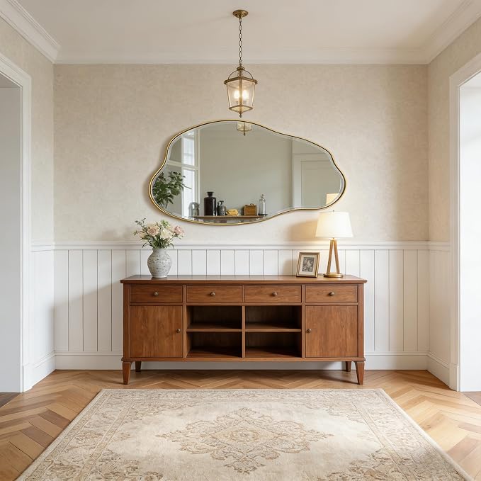 POZINO Large Irregular Beveled Mirror, 53.5"x27" Asymmetrical Wall Mirror with Gold Metal Frame, Organic Shape Mirrors for Entryway Bathroom Bedroom Hallway Living Room, Horizontal or Vertical Hanging