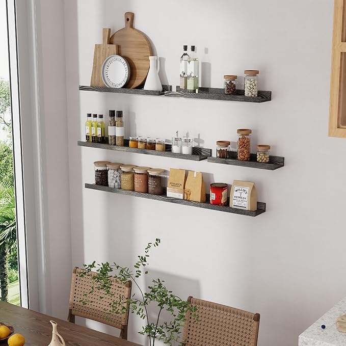 Vivelove Picture Ledge Shelf, Solid Pine Wood Rustic Floating Shelves for Wall, 24 Inch Floating Shelves with Lip for Bedroom Kitchen Living Room Nursery Display Wall Decor, Set of 2 (Grey)