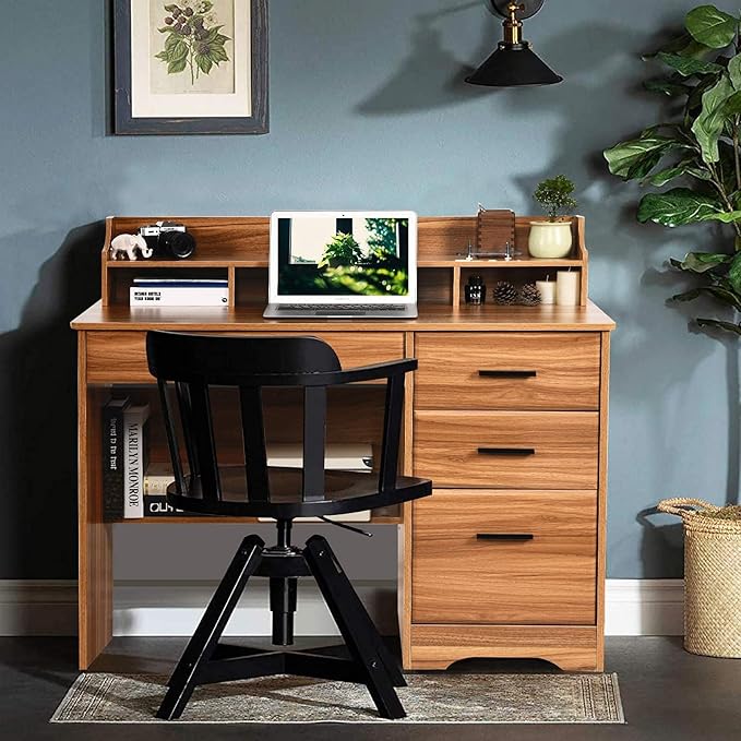 Catrimown Computer Desk with 4 Drawers and Hutch, Home Office Desk with File Drawer, 44” Rustic Oak Wood Desk, Study Table for Bedroom, Rustic Oak