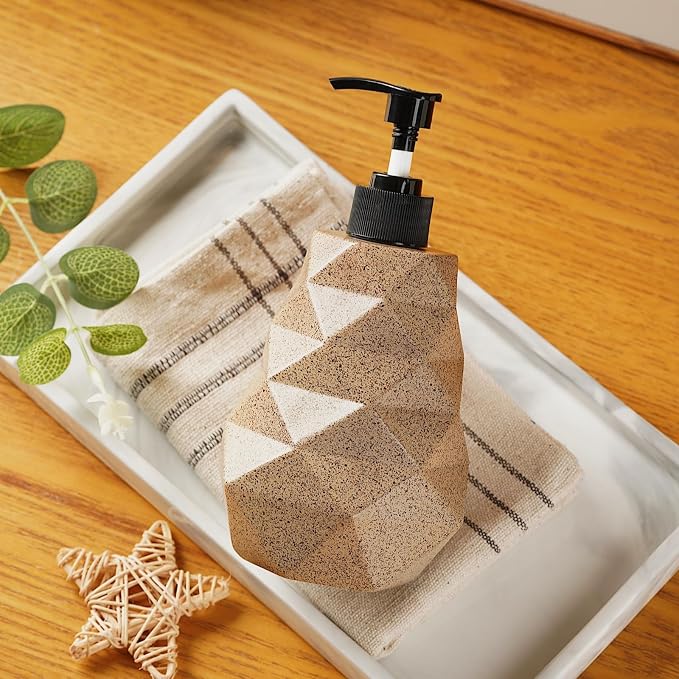 Geometric Resin Soap Dispenser, Refillable Hand Soap Pump Bottle for Bathroom & Kitchen, Modern Stone-Look Lotion Dispenser, 10 oz(300ml) Decorative Countertop Soap Dispenser