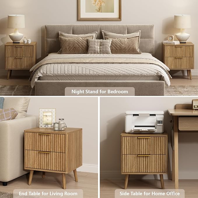 CARPETNAL Fluted Dresser and Nightstand Sets for Bedroom, 3 Pcs Bedroom Set, 8-Drawer Dresser & 2-Drawer Nightstand Set of 2, Modern Wood Chest of Drawers for Living Room, Entryway, Walnut