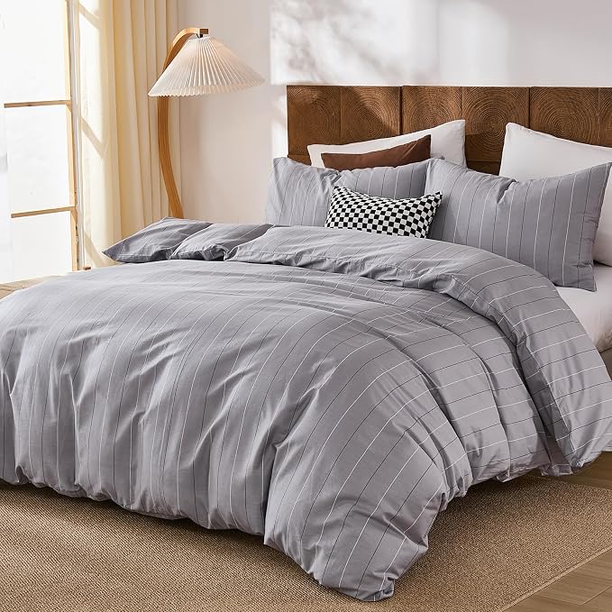 Merryword 100% Cotton Stripe Duvet Cover Set Queen Size - Gray Striped Duvet Cover Set with Zipper Closure & 8 Corner Ties, Modern Minimalist Wide Stripe Bedding Set for Cozy Elegant Bedroom